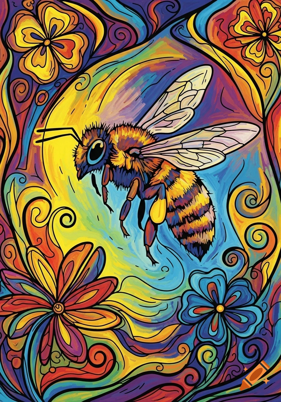 A vibrant, abstract painting of a bee flying amidst colorful swirling floral patterns.