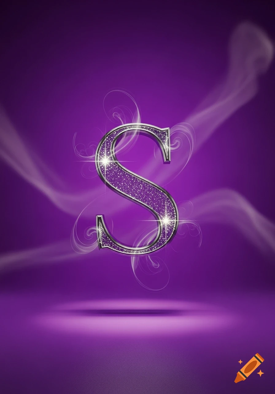 A glittering silver letter S on a radiant purple background with wisps of smoke and light effects.