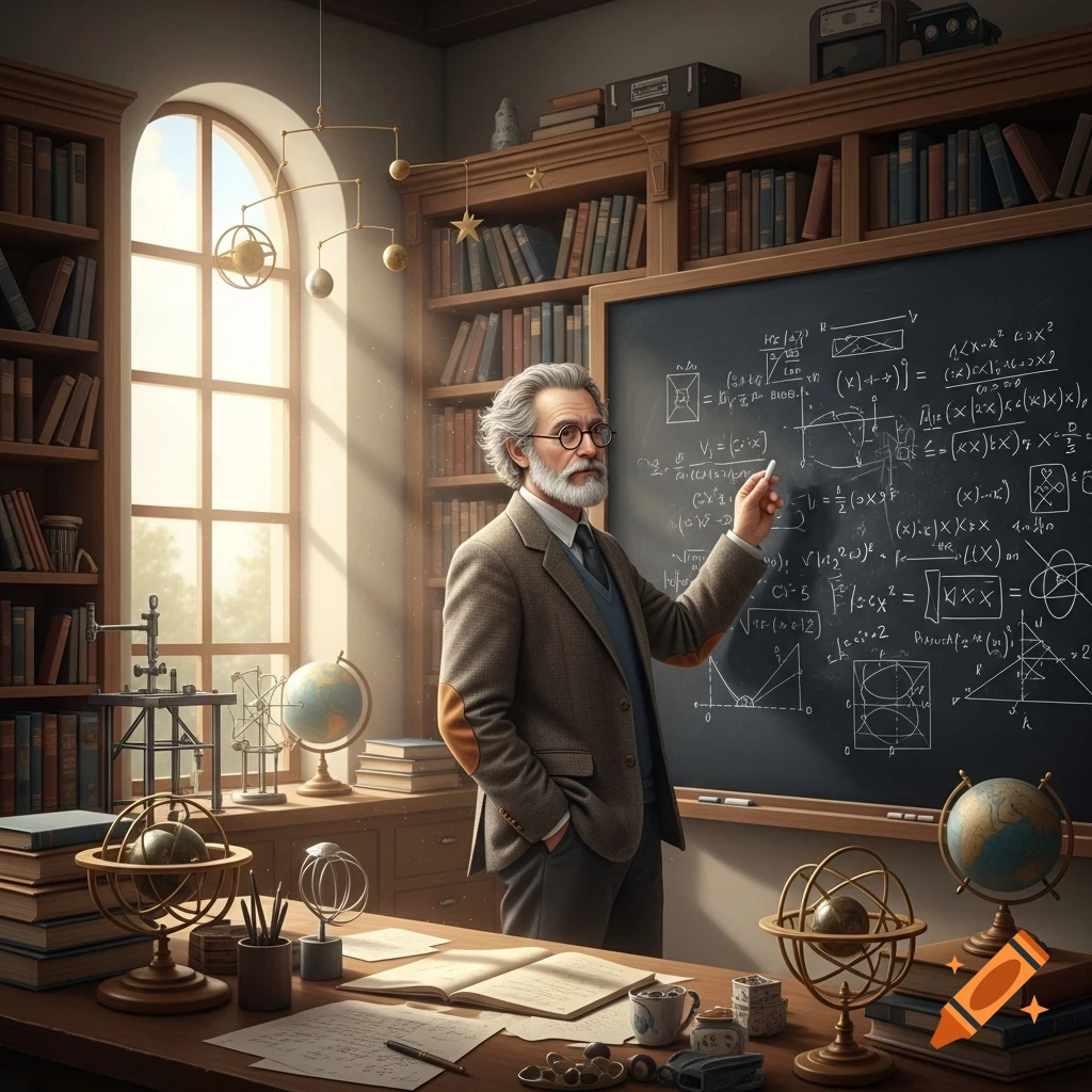 A grey-haired physicist in a tweed jacket points at a chalkboard filled with equations in a sunlit study with bookshelves and globes.