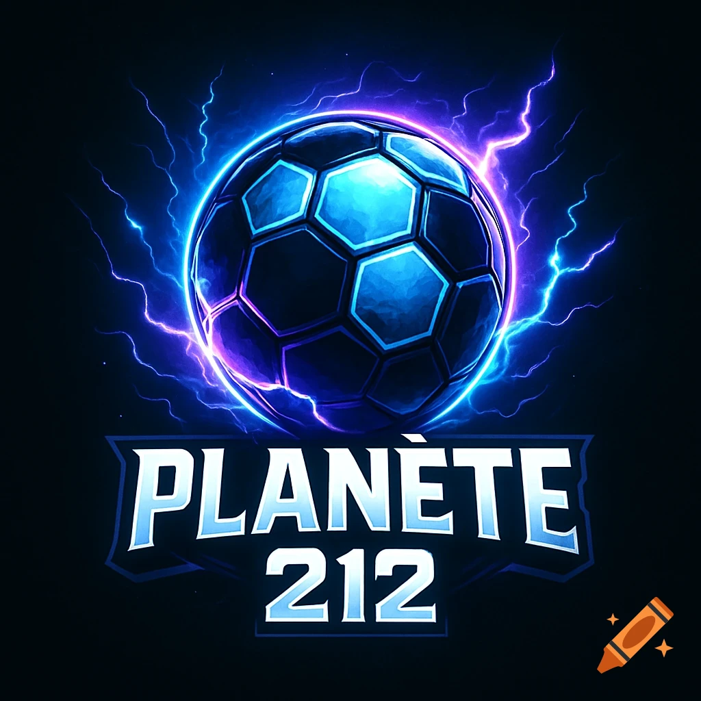 A modern, aggressive logo with a blue and purple glowing soccer ball surrounded by lightning, and 'PLAN\u00c8TE 212' text.