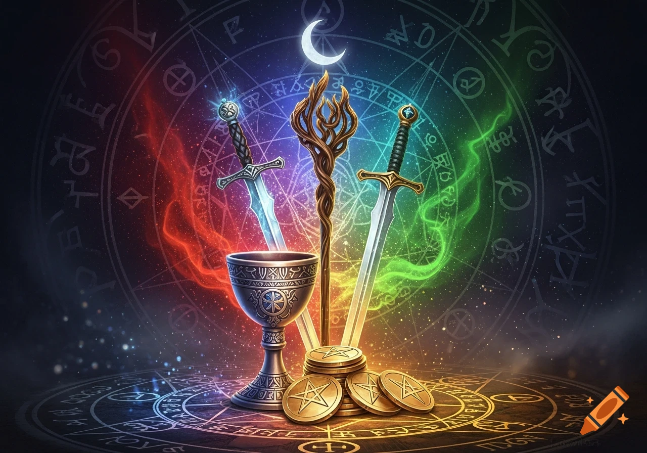 A vibrant fantasy image featuring two swords, a staff, a goblet, and coins arranged before a glowing rainbow-colored mystical symbol wheel.