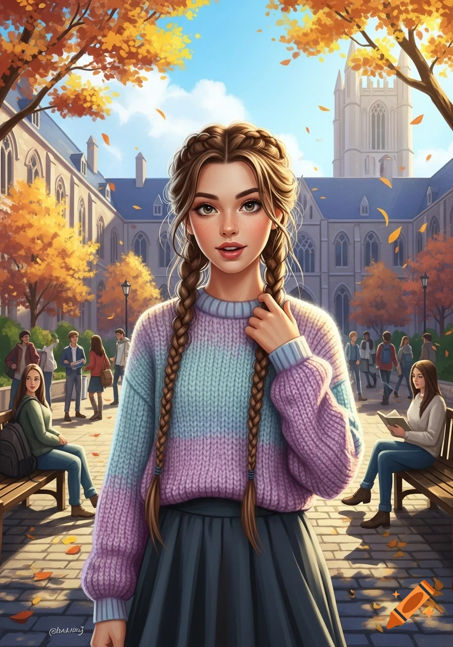 A digitally illustrated young woman with braided hair and a striped sweater stands in an autumn university courtyard with other students and gothic buildings.