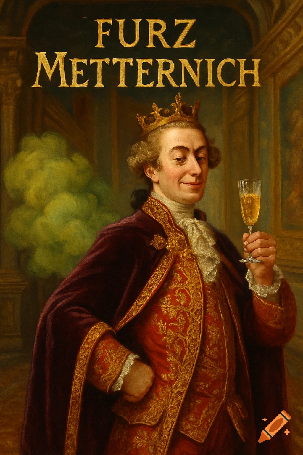 Historical portrait of a crowned prince in ornate red and gold attire, smirking and holding a champagne flute, with green gas and 'FURZ METTERNICH' text.
