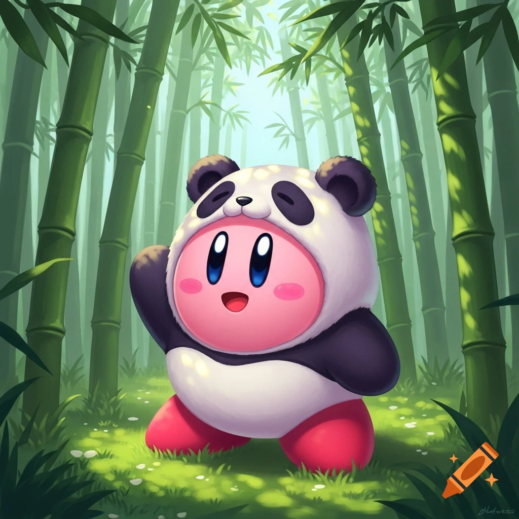 Kirby dressed as a panda stands happily in a lush bamboo forest, rendered in a colorful, illustrative style.