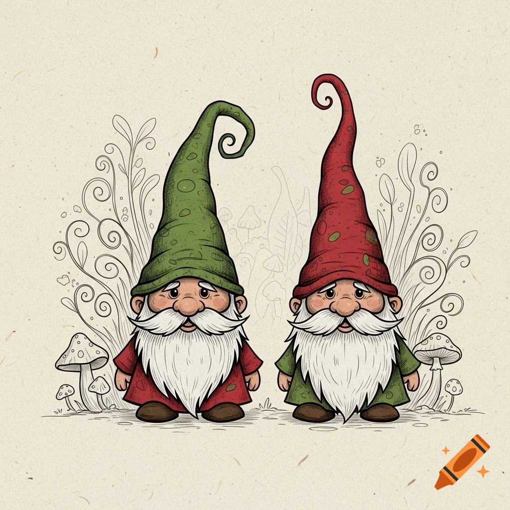 Two cartoon gnomes with large white beards and tall, conical hats (one green, one red) stand between sketched vines and mushrooms on a textured paper background.