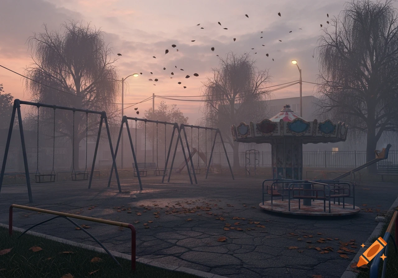 An eerie, foggy playground at dusk with swings, a merry-go-round, bare trees, and fallen leaves under a soft pink sky.