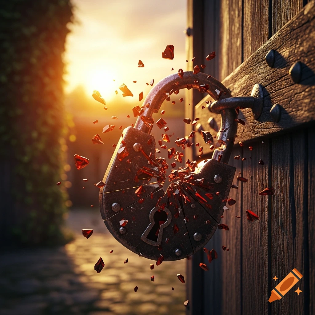 An old, rusty padlock shatters into sharp red pieces against a weathered wooden door, with a bright sunset in the background.
