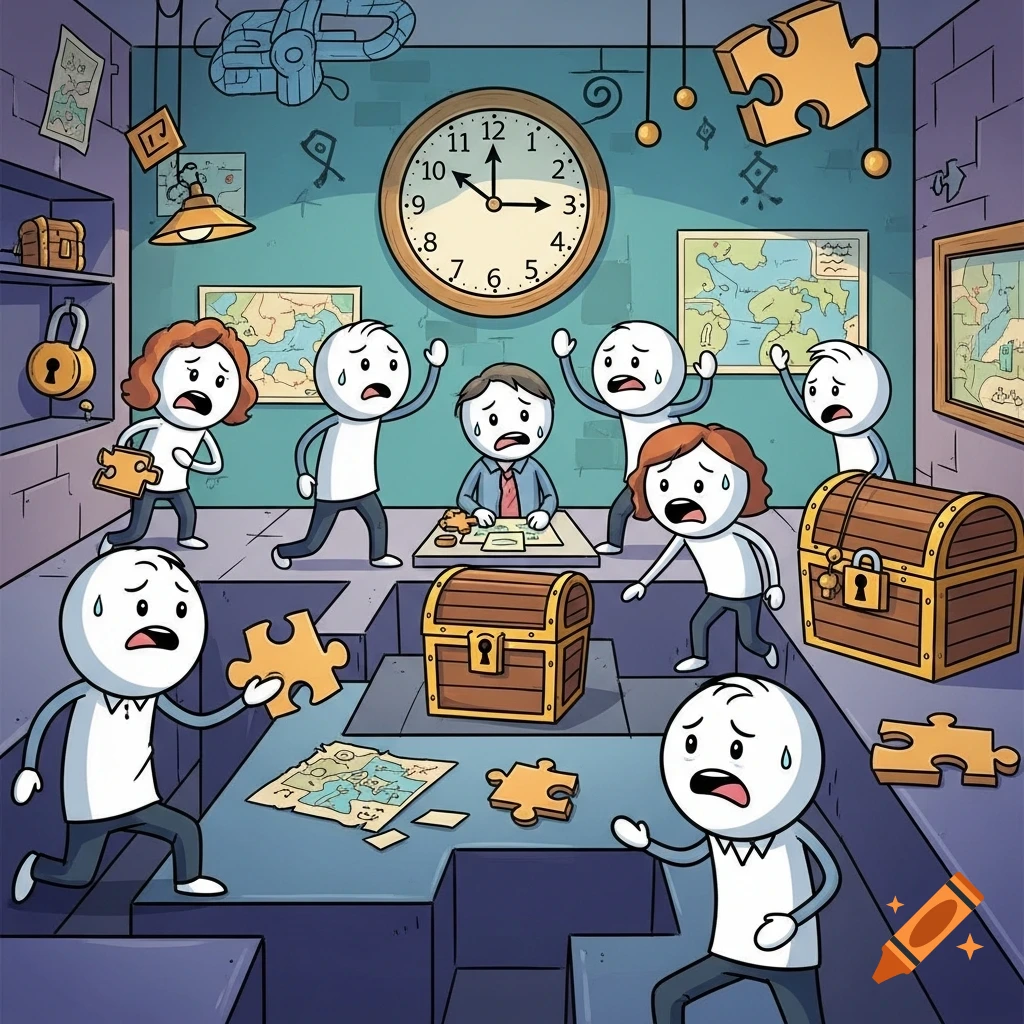 Cartoon stick figures frantically trying to solve puzzles and escape a room with a large clock, treasure chests, and maps.