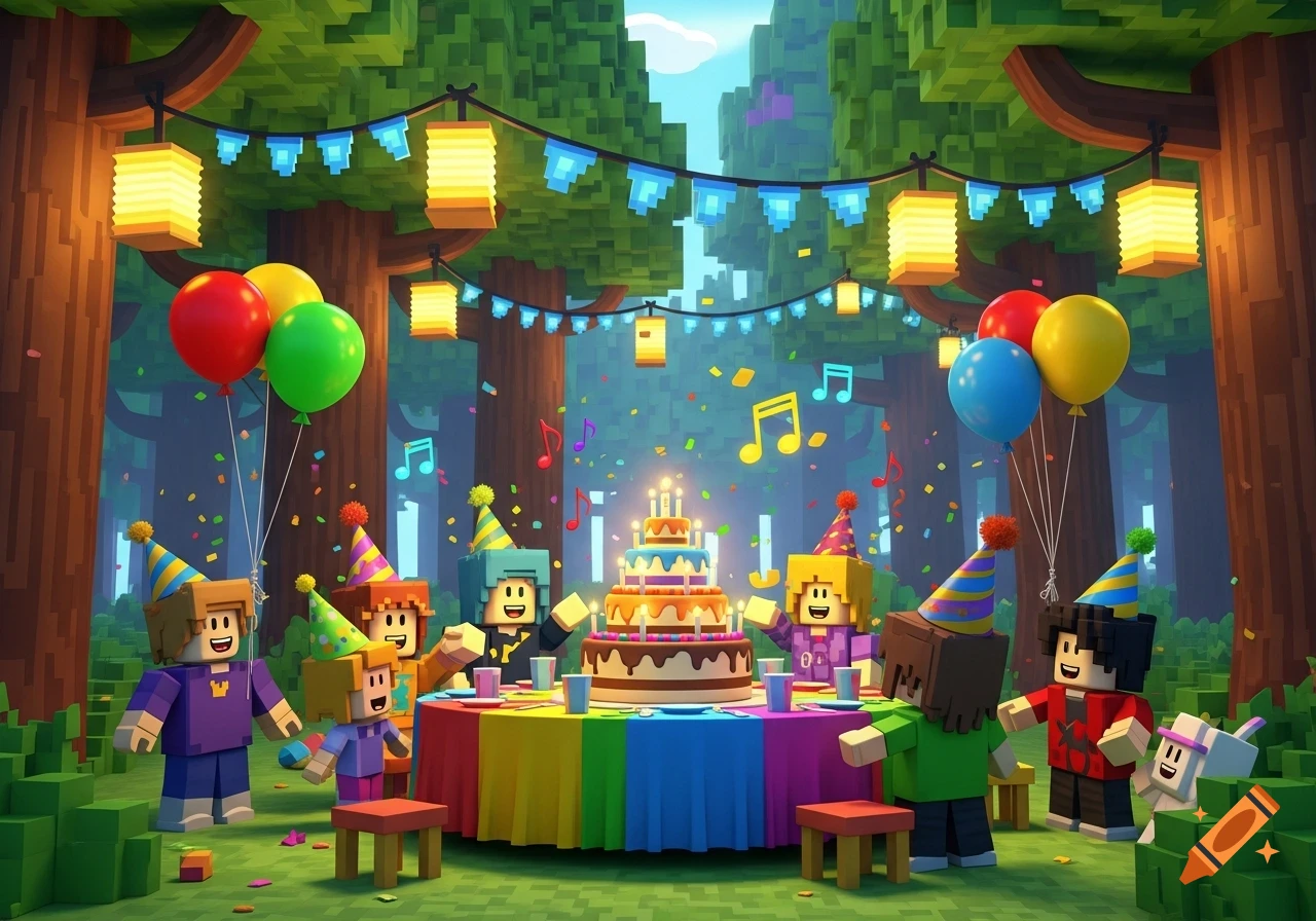 Blocky, game-style image of characters celebrating a birthday party in a forest with a tiered cake, balloons, and lanterns.