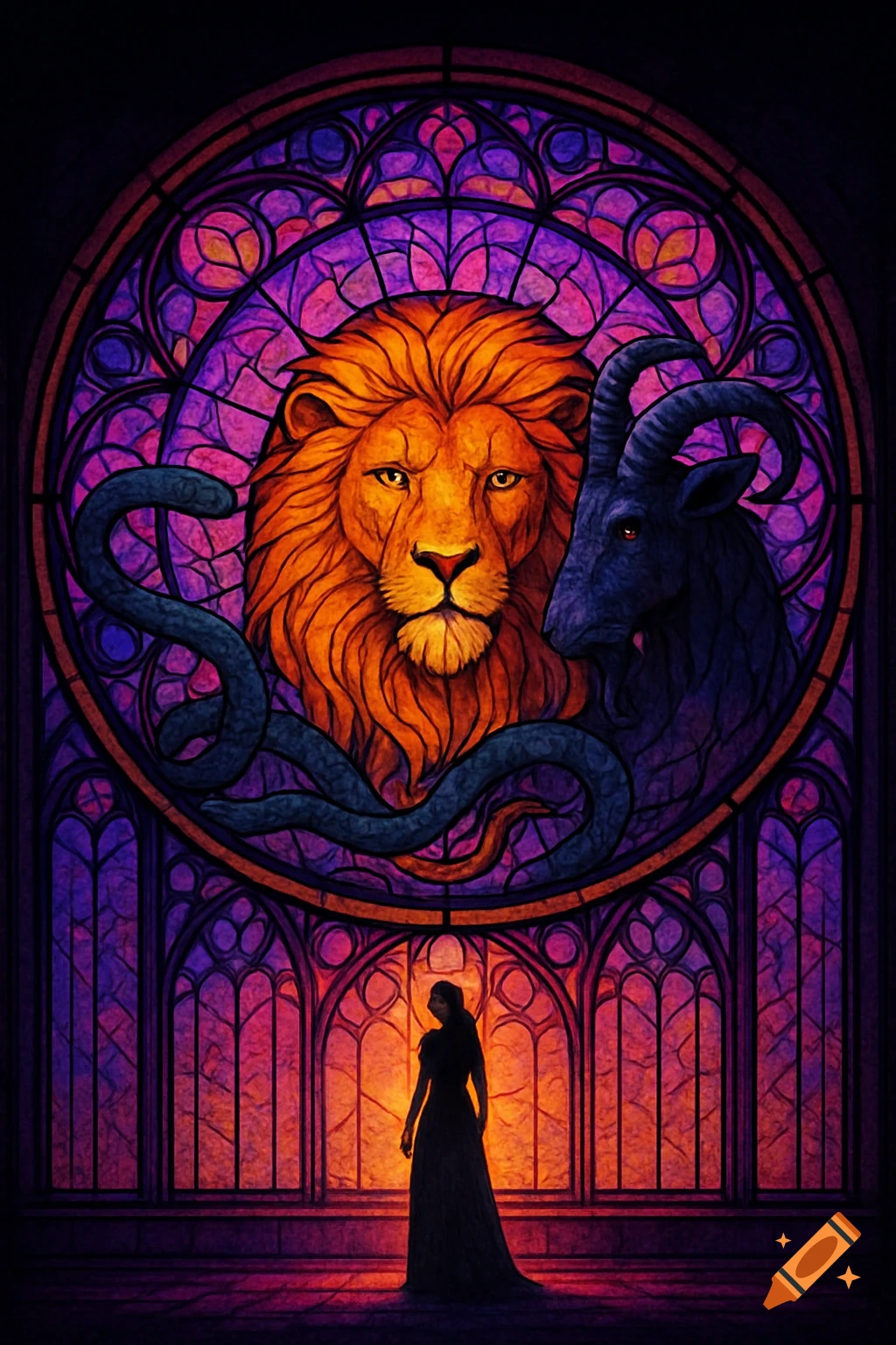 A woman's silhouette stands before a vibrant stained glass window depicting a lion, goat, and snake.