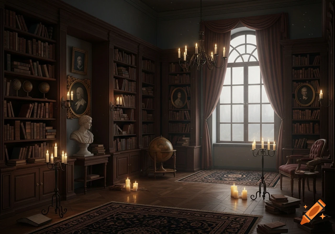 A dimly lit, grand library in dark academia style, with tall wooden bookshelves, candles, a globe, and an arched window.