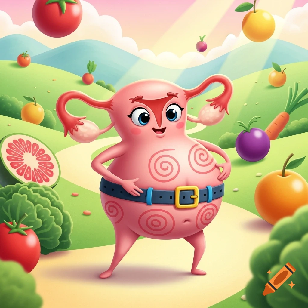 A cute cartoon uterus character wearing a belt stands in a vibrant landscape filled with colorful fruits and vegetables.