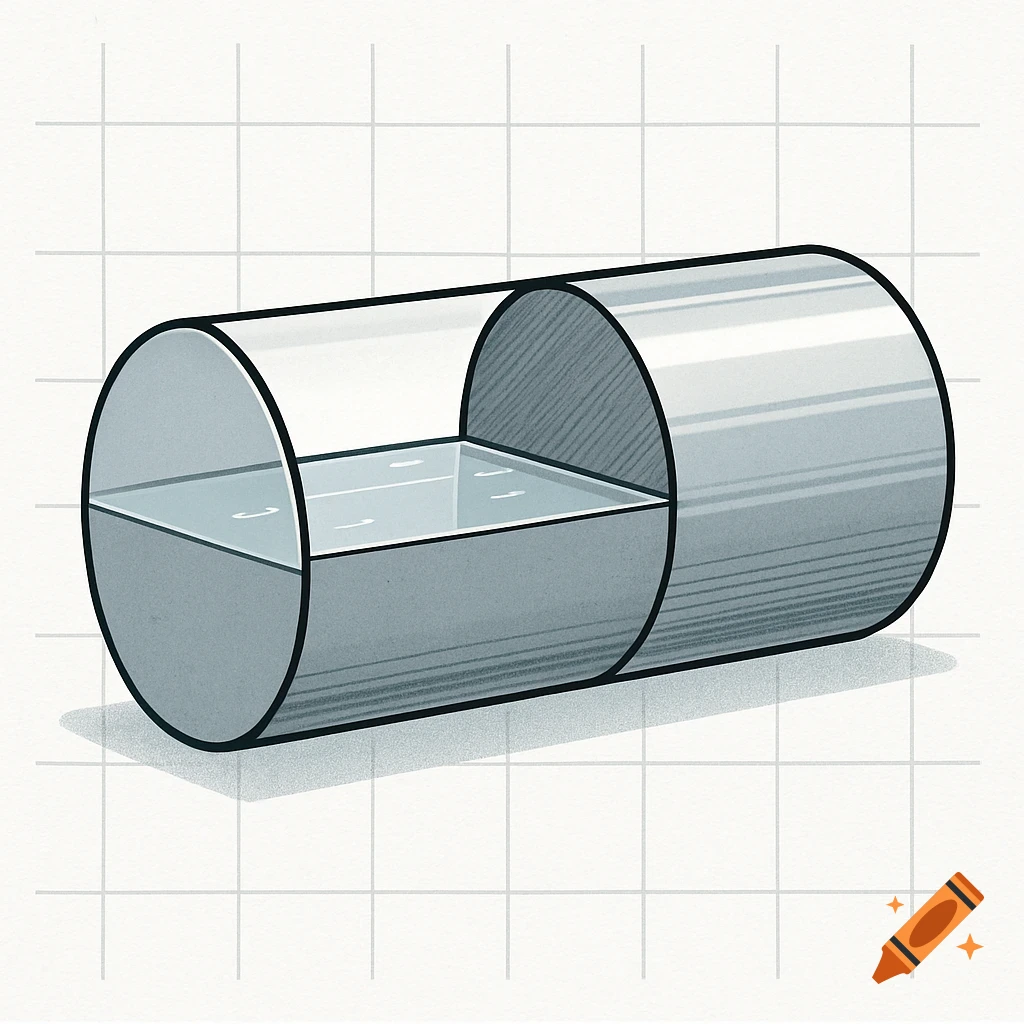 A two-dimensional diagram of a clear cylinder lying horizontally, half-filled with a gray liquid, on a white grid background.
