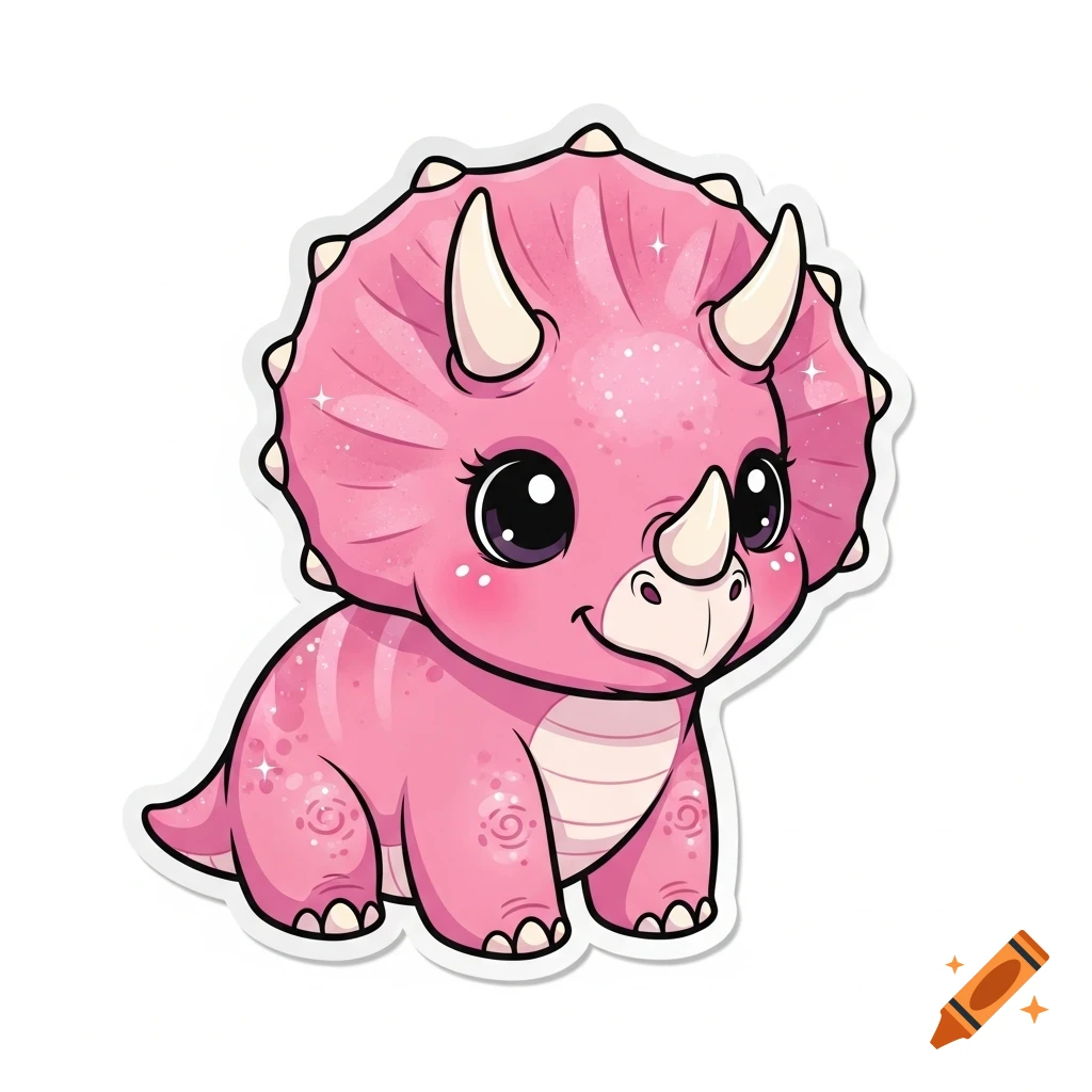 A cute, pink baby triceratops sticker with large black eyes and white horns, in a cartoon vector style.