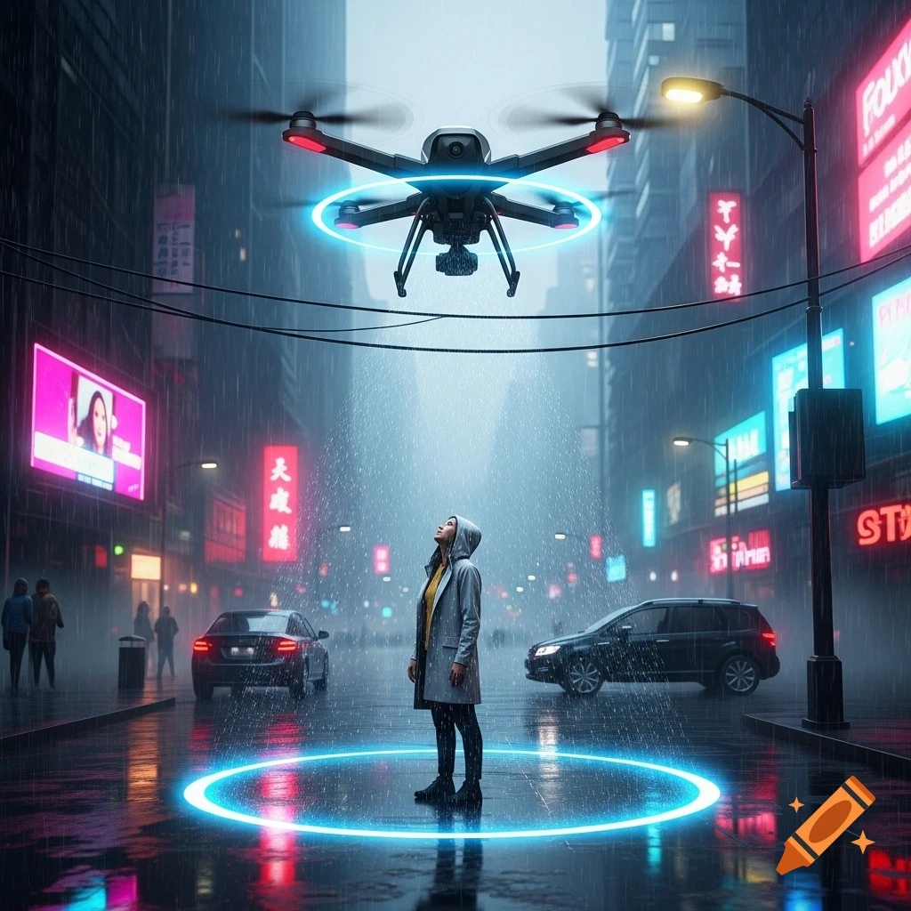 A person in a raincoat looks up at a drone creating a glowing blue rain-shield in a wet, neon-lit city street, photorealistic.
