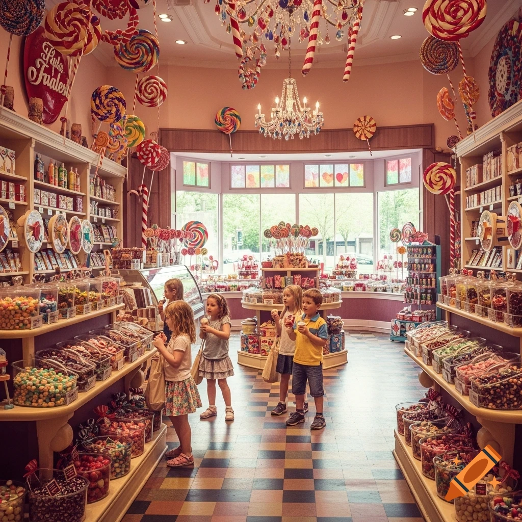 Five children holding ice cream and bags of candy in a whimsical, colorfully decorated candy store filled with lollipops, bulk sweets, and a grand chandelier.