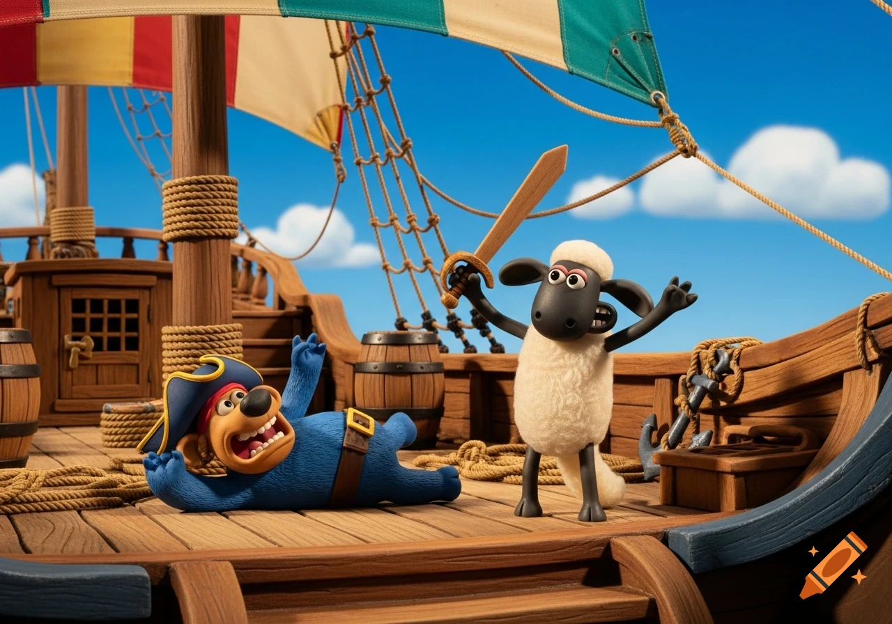 Shaun the Sheep, holding a wooden sword, stands triumphantly over Captain Blaubar lying on the wooden deck of a pirate ship under a blue sky.