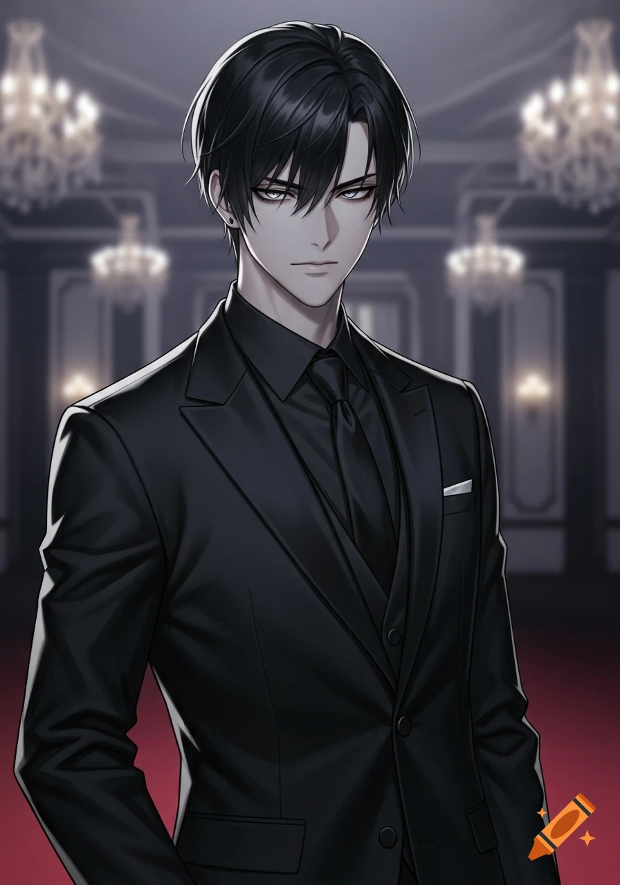 An anime-style character with black hair and pale skin, wearing a black suit and tie, standing in a dimly lit elegant room with chandeliers.