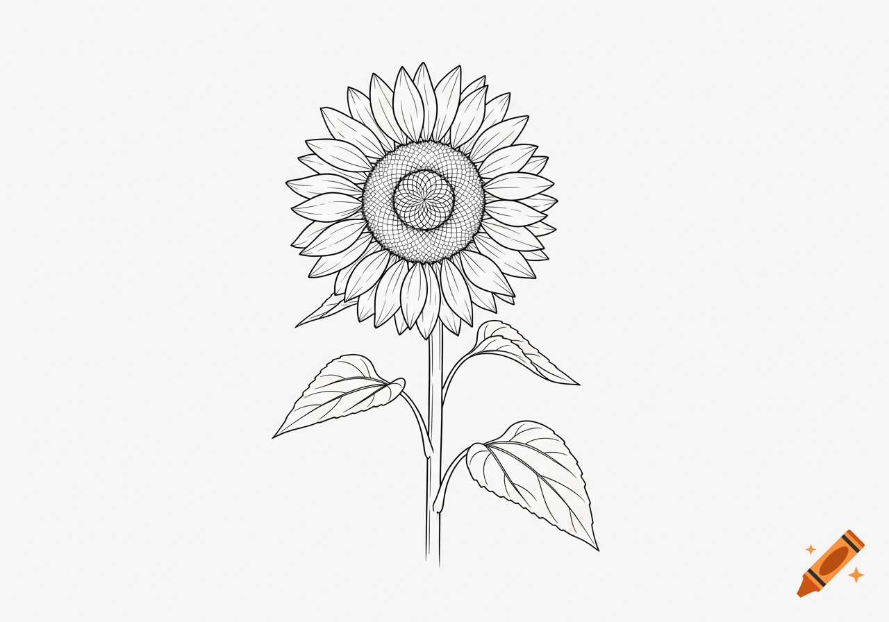 A simple black and white line drawing of a sunflower with leaves.