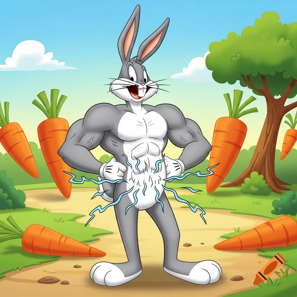 Muscular Bugs Bunny with a growling stomach stands on a path surrounded by large carrots in a sunny cartoon landscape.