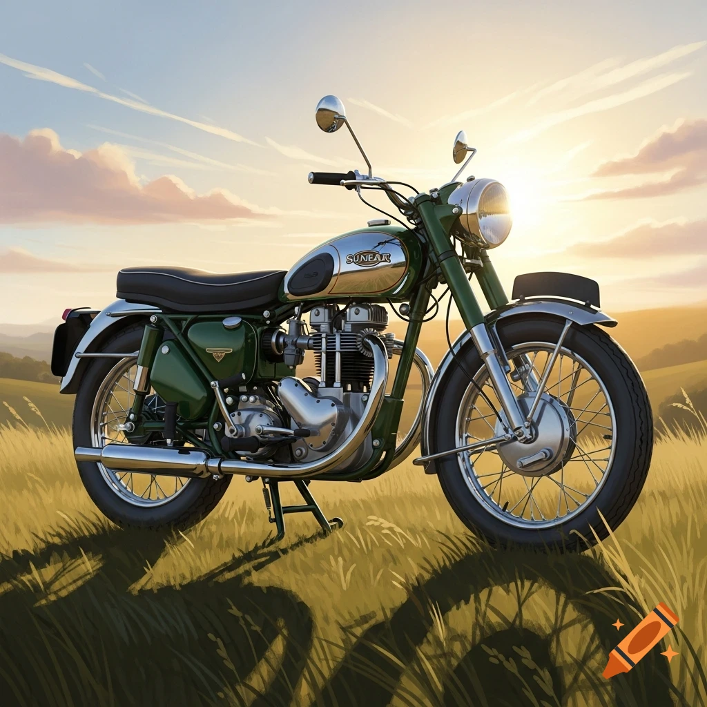 A vintage green motorcycle with chrome accents stands in a grassy field under a sunset sky.