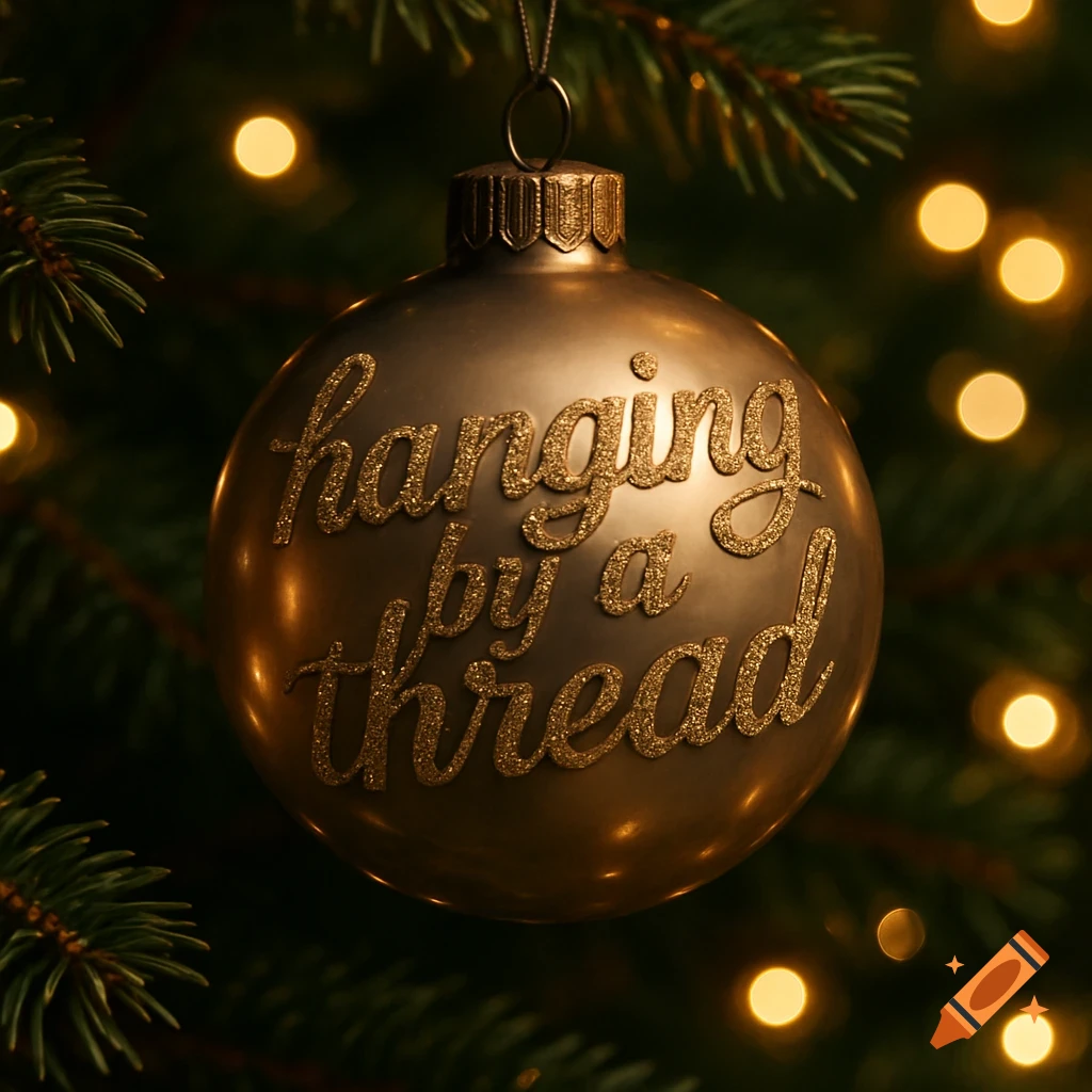 Close-up of a realistic golden Christmas bauble hanging in a tree, with 'hanging by a thread' written in glittery script.