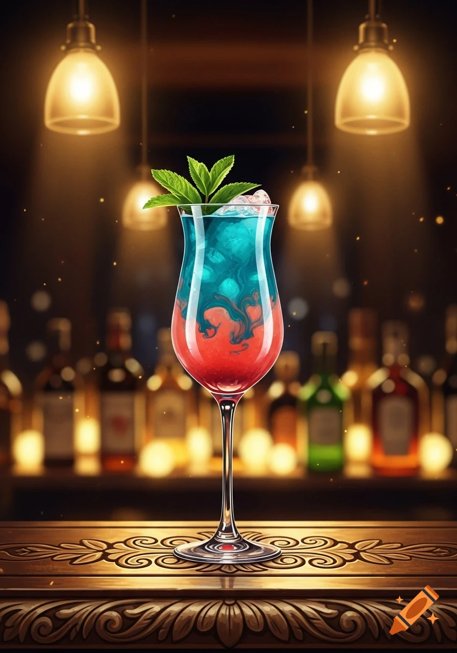 A vibrant blue and red cocktail with mint and ice in a tall glass on an ornate wooden bar, blurred bottles and warm lights in background.