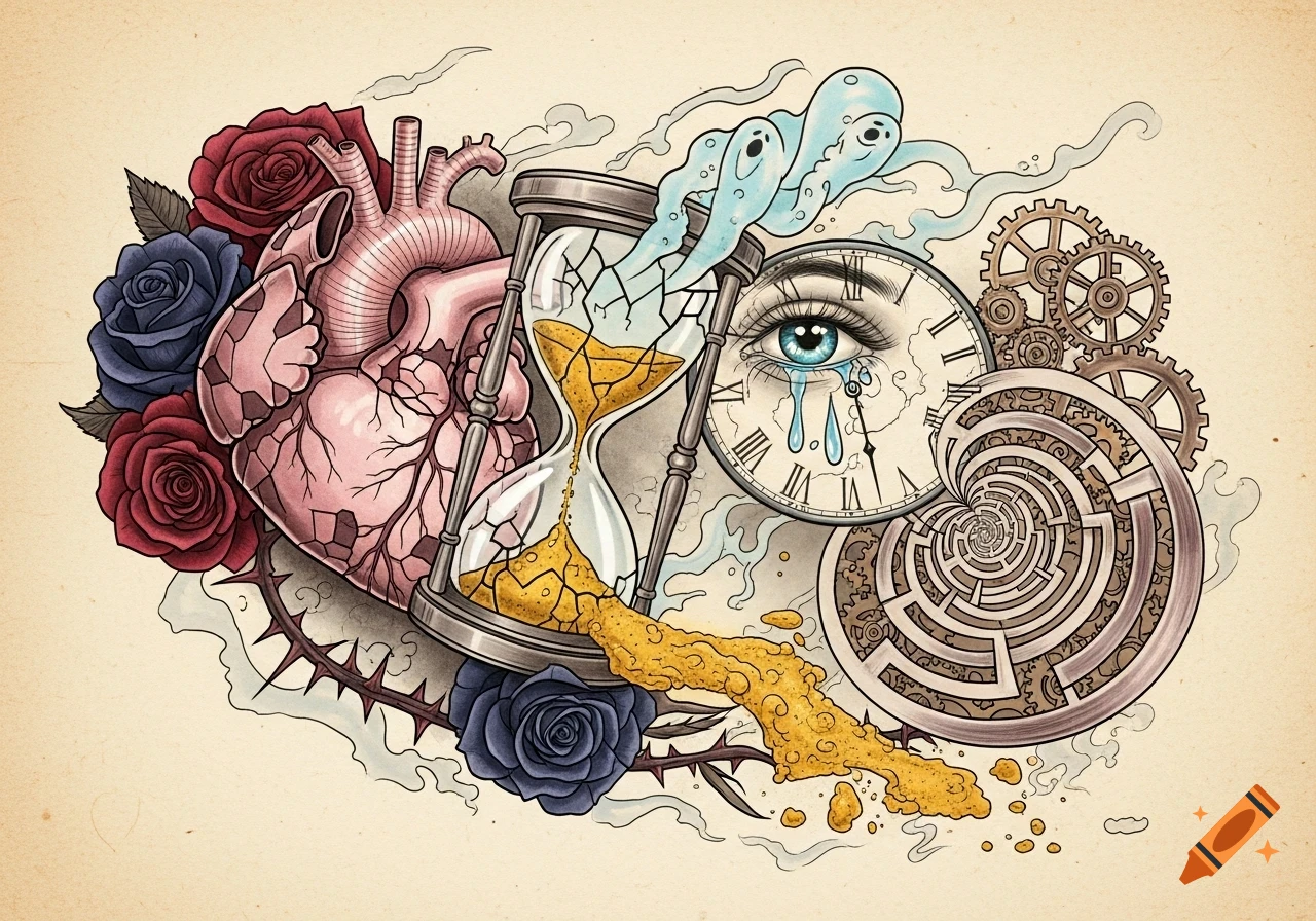 A surreal tattoo design featuring an anatomical heart, broken hourglass, crying eye, gears, roses, and a labyrinth on a textured background.