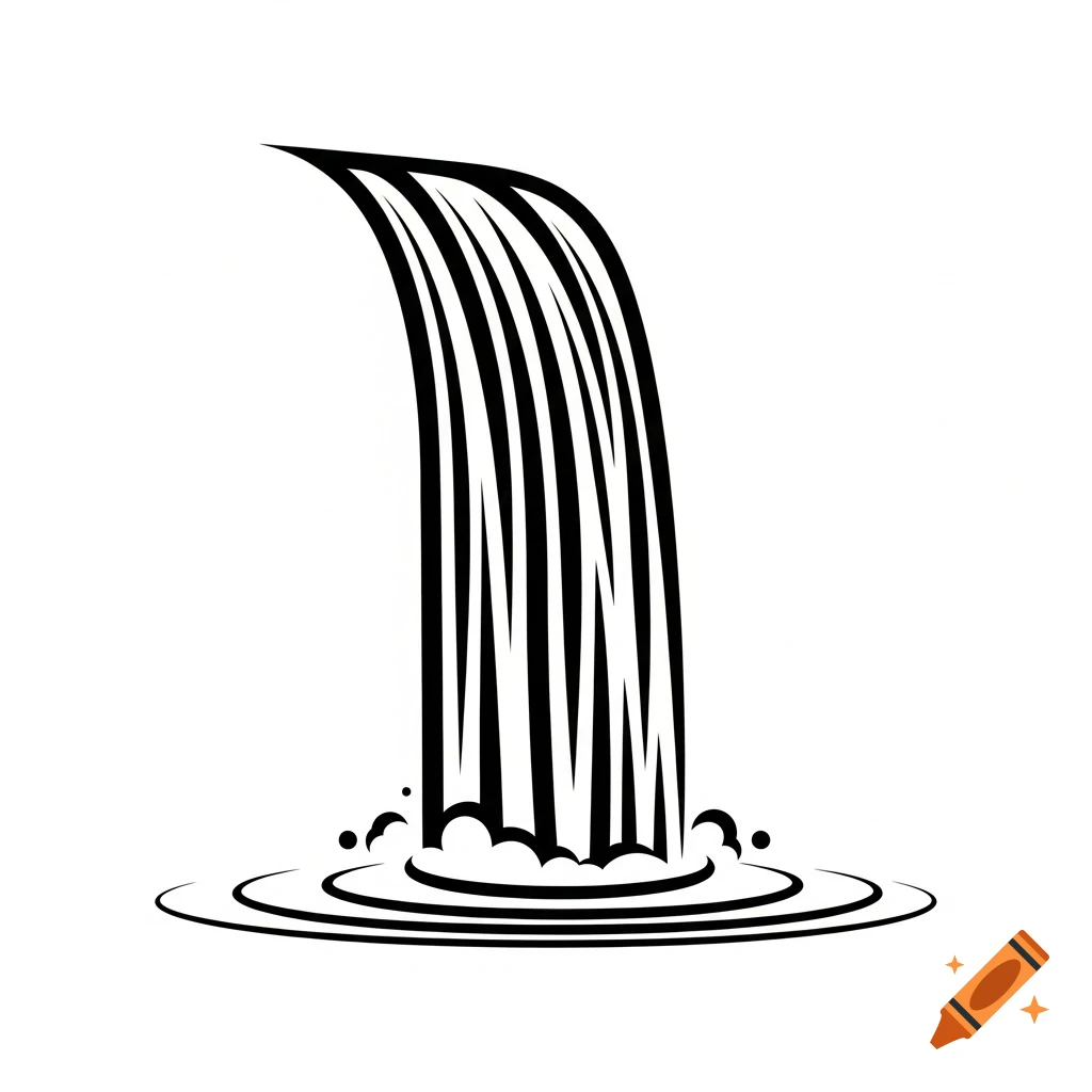 A minimalist black and white pictogram depicts a waterfall flowing into a small pool with ripples.