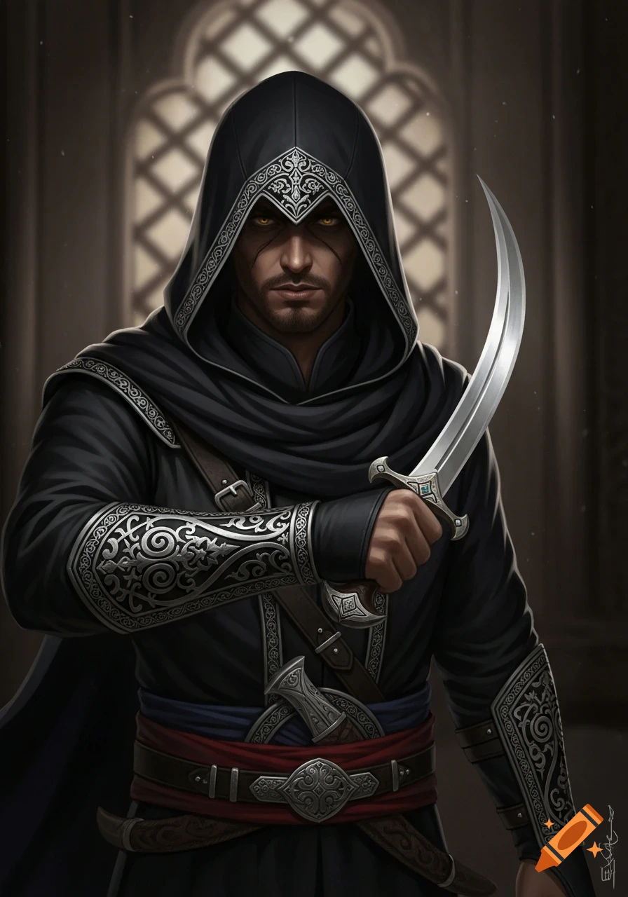 A mysterious male assassin in a black hooded cloak and ornate silver gauntlets holds a curved dagger, with yellow eyes and facial markings.