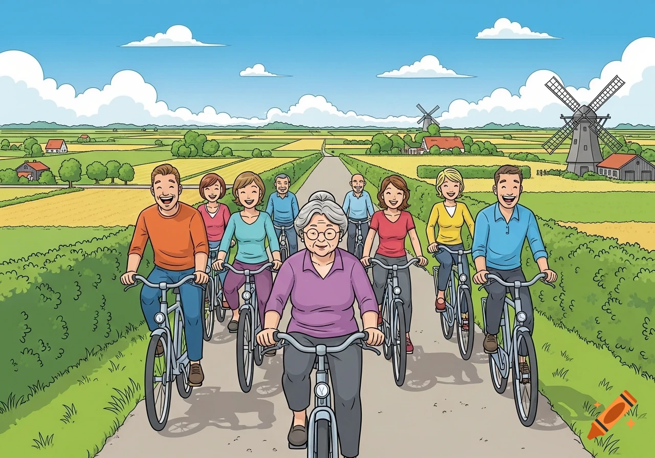 A happy family cycling in a vibrant comic illustration of a rural landscape with fields and windmills.