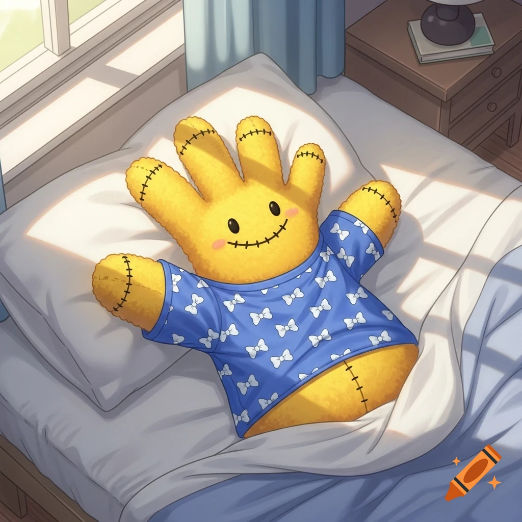 A cute yellow fluffy plush hand wearing a blue bow-patterned t-shirt, sleeping in a sunny bed in a cartoon style.