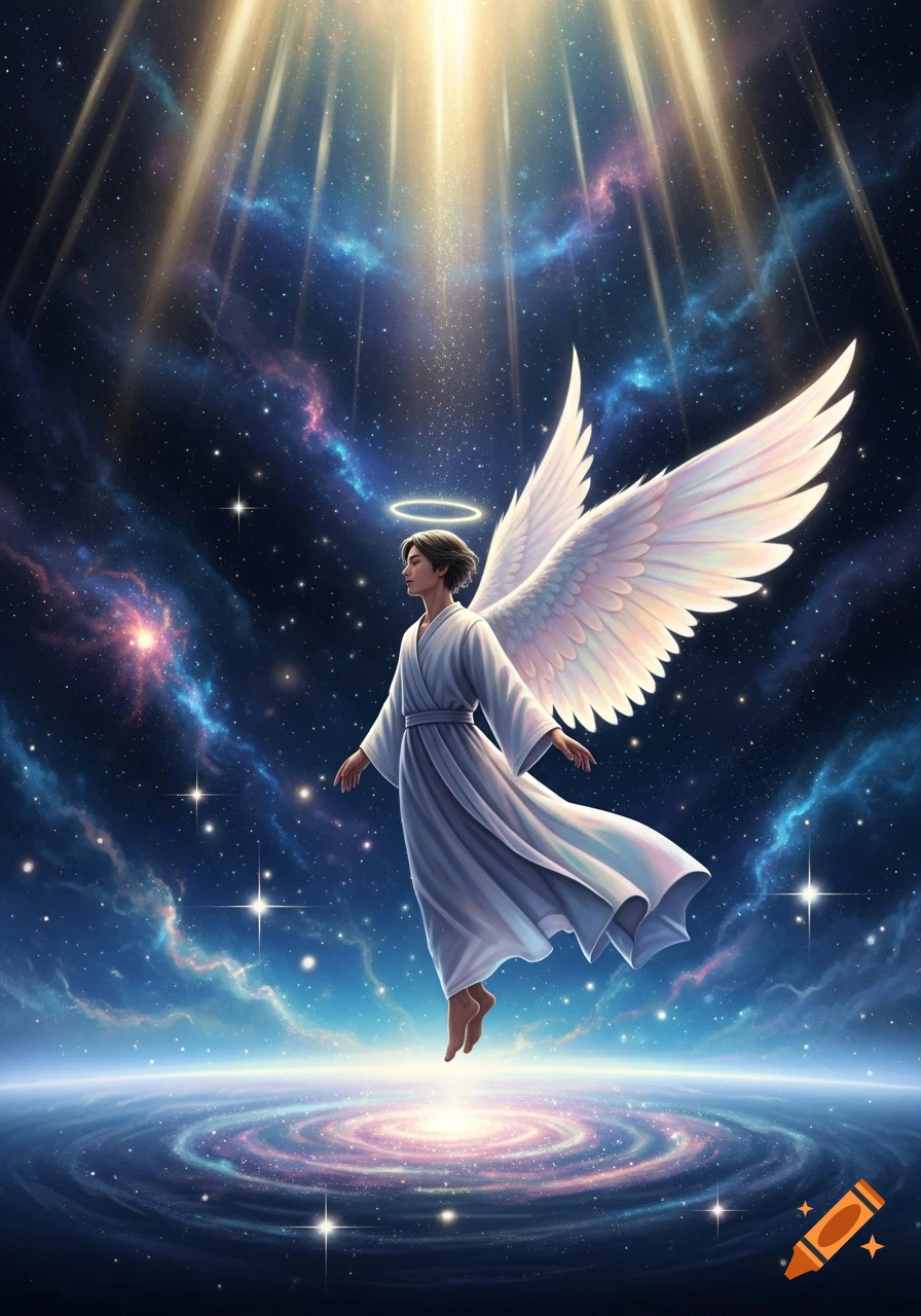 A serene angel with white wings and a halo floats above a swirling galaxy, illuminated by beams of light in a starry cosmic sky.