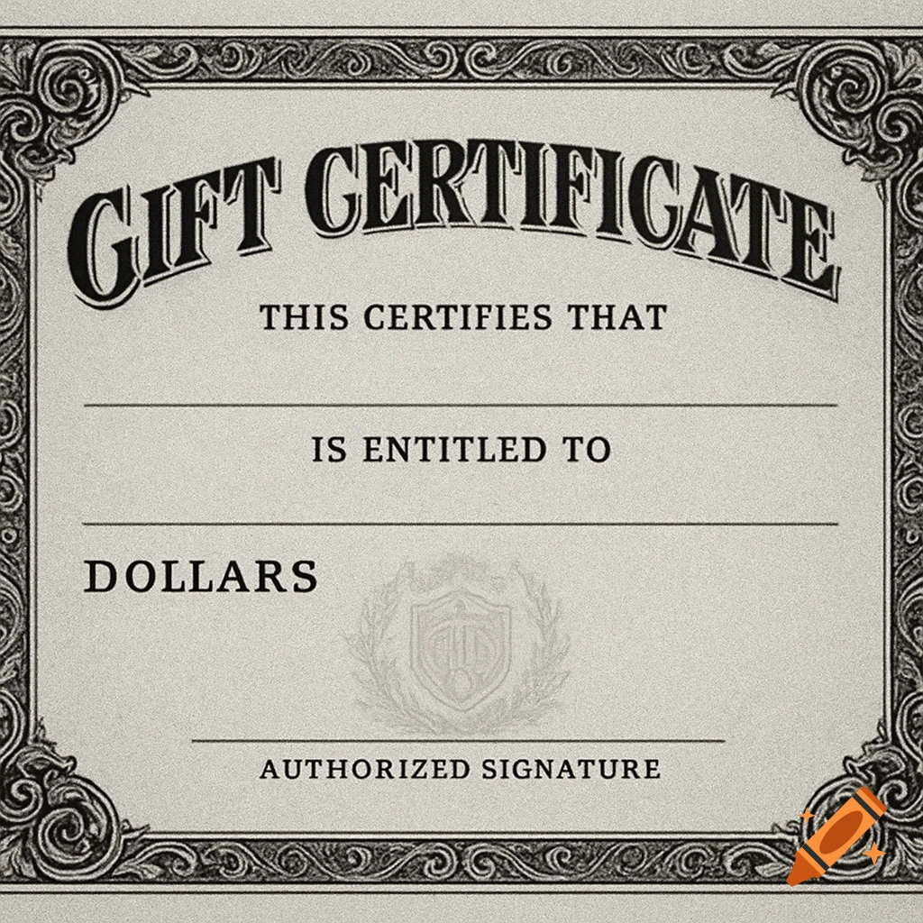 Vintage style gift certificate with ornate borders and text fields.