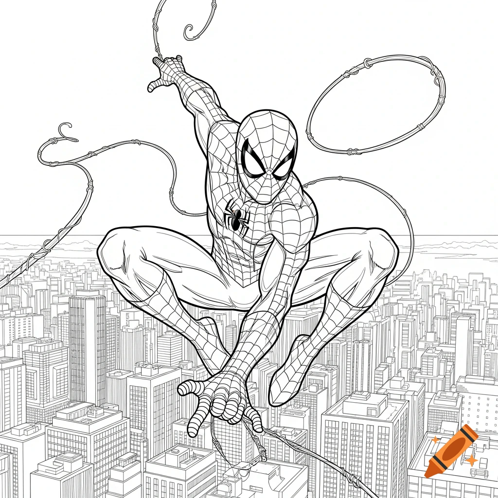 Spider-Man swings above a city in a black and white line art style, ready for coloring.