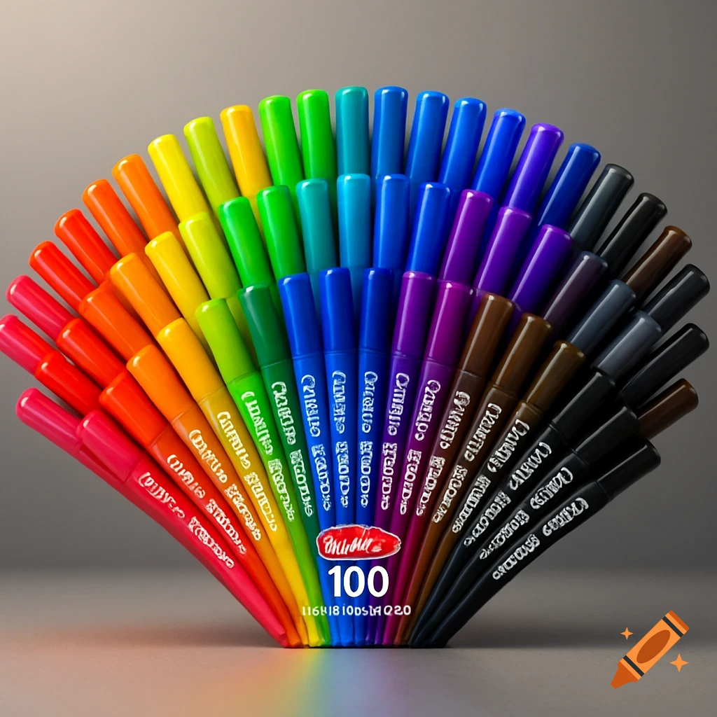 A fan-shaped arrangement of numerous colorful markers, transitioning through the spectrum from red to black. The markers have some text, and the number 100 is visible at the base of the fan.