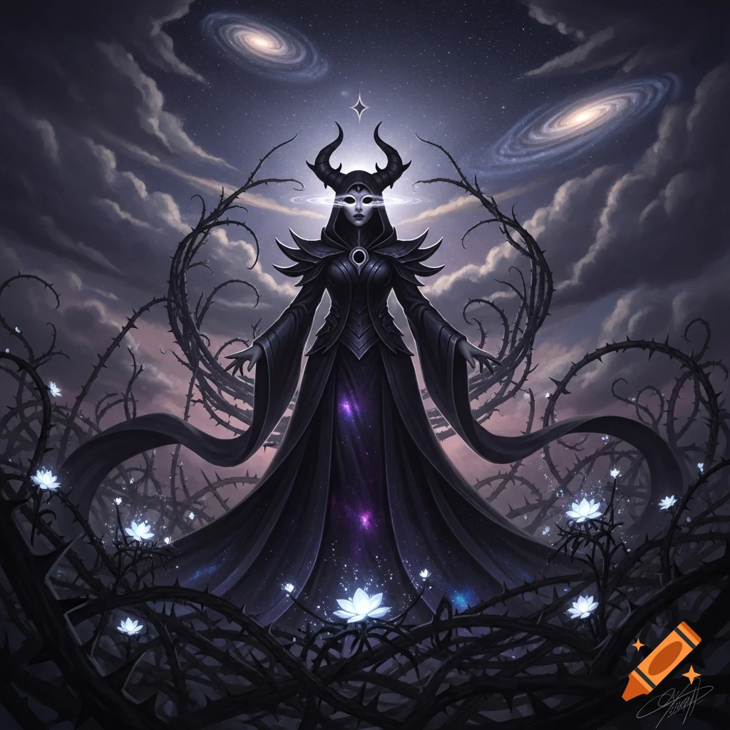A horned dark goddess in flowing robes and a mask stands in a thorny field with glowing white flowers under a cosmic night sky.