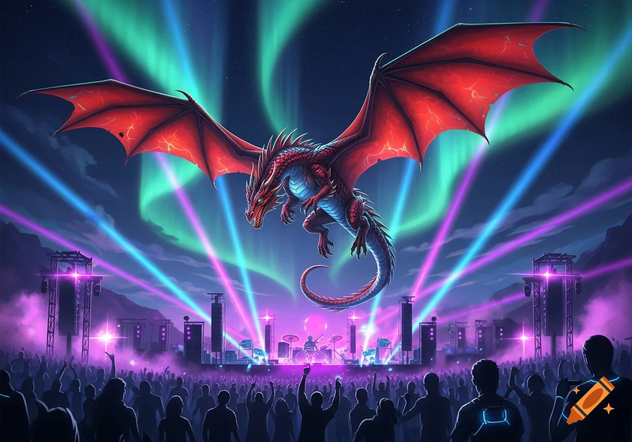 A majestic red and blue dragon with large wings hovers over a lively ...