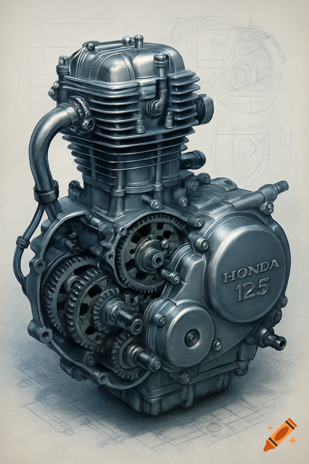 Highly detailed metallic motorcycle engine, labeled 'HONDA 125', against a subtle technical blueprint background.