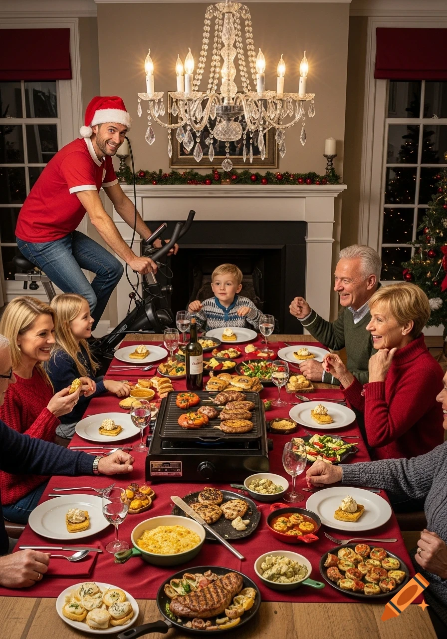 A man in a Santa hat and red shirt rides an exercise bike at the head of a Christmas dinner table, surrounded by a laughing family enjoying a gourmet meal with a central grill under a sparkling chandelier.