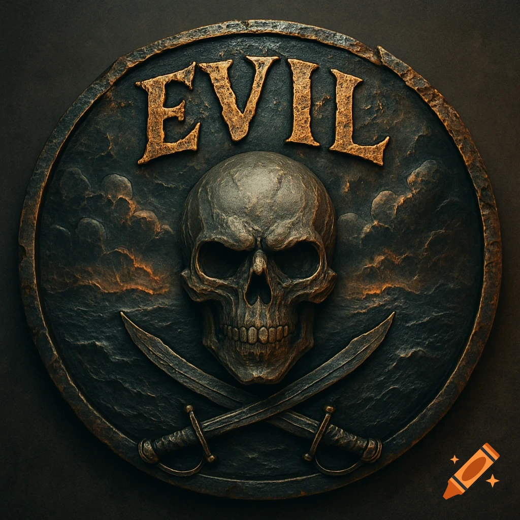 A bronze-colored circular badge with an embossed skull, crossed cutlasses, and the word 'EVIL' at the top.