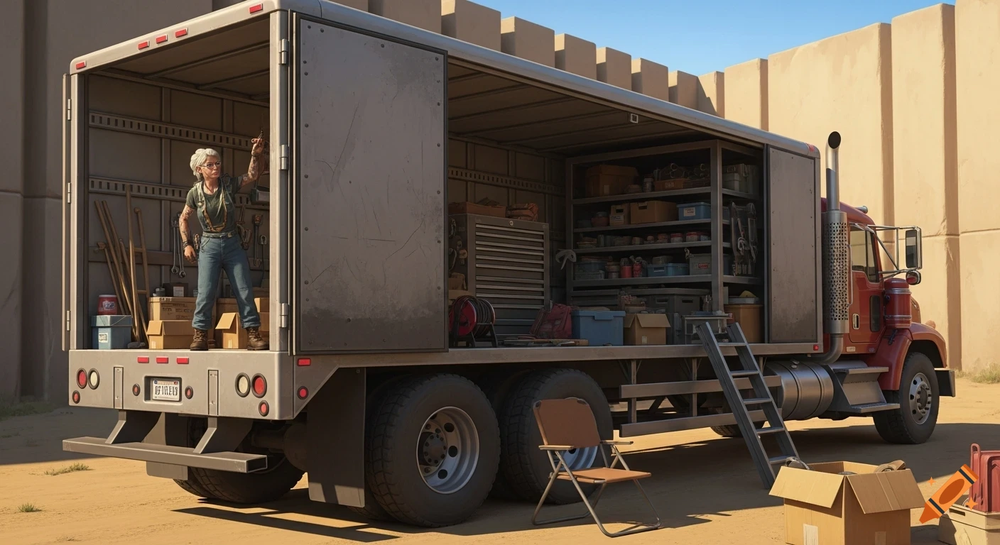 An older woman with short white hair stands inside the back of a large, customized red semi-truck, which is full of tools and equipment, in a desert setting.