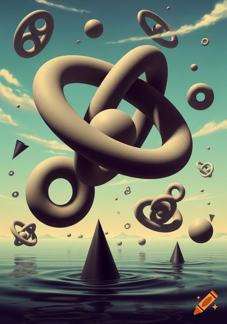 Surreal scene with floating intertwined geometric shapes, spheres, and cones above calm water under a cloudy sky.