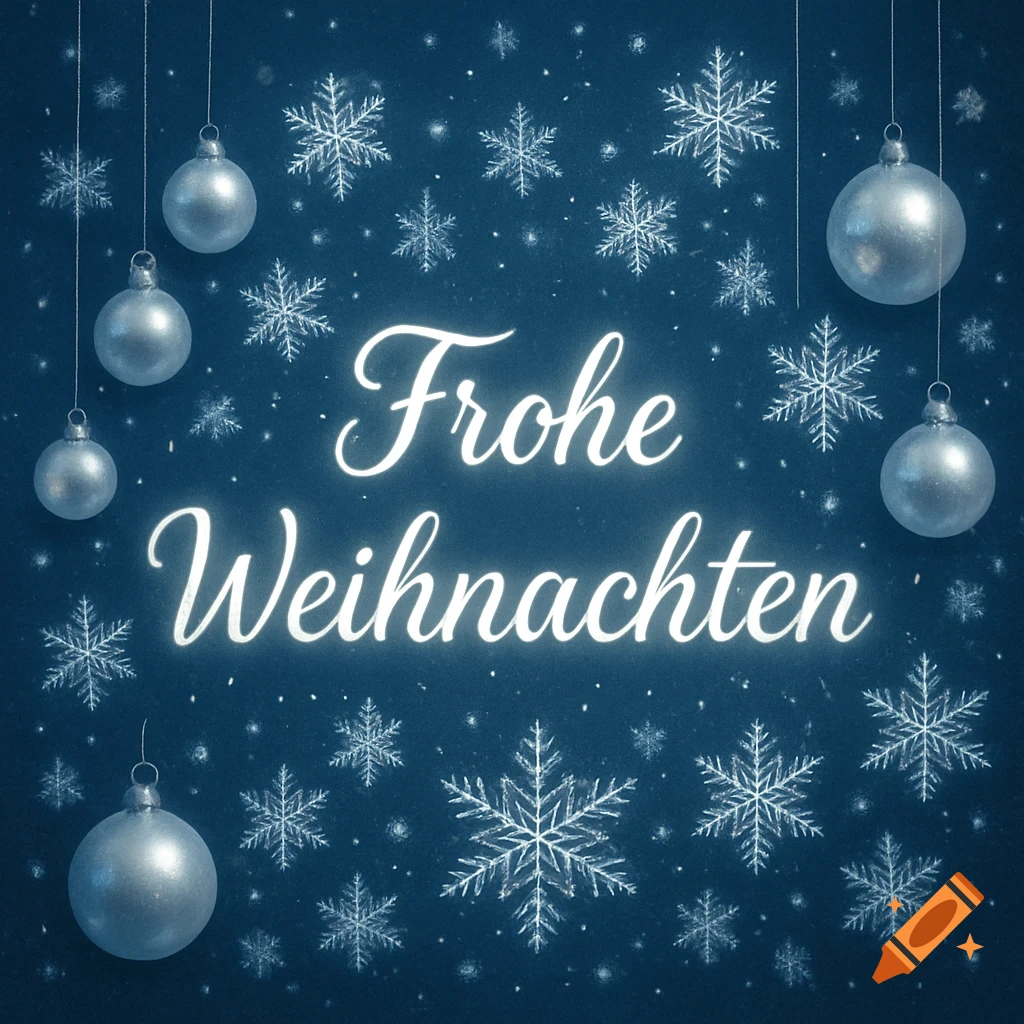 A dark blue Christmas banner with glowing white 'Frohe Weihnachten' text, surrounded by various white snowflakes and silver ornaments.