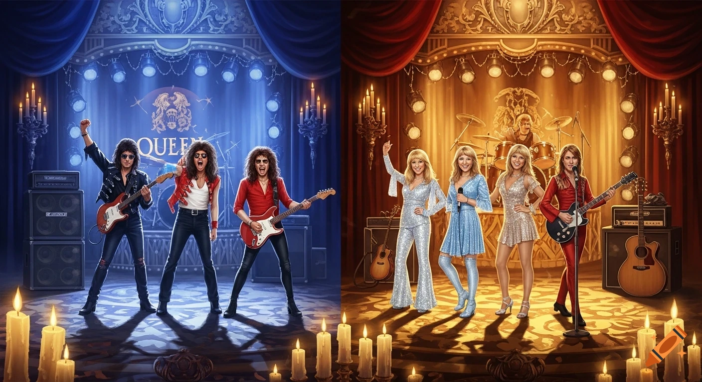 Two musical groups, one rock-style and one pop-style, perform on a stage illuminated by candles. The stage is split between blue and gold lighting.