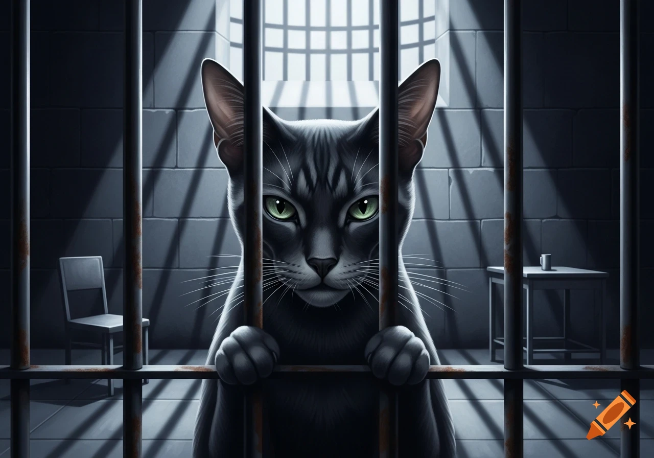 A stylized dark gray cat with green eyes looks through rusty prison bars from a dimly lit cell.