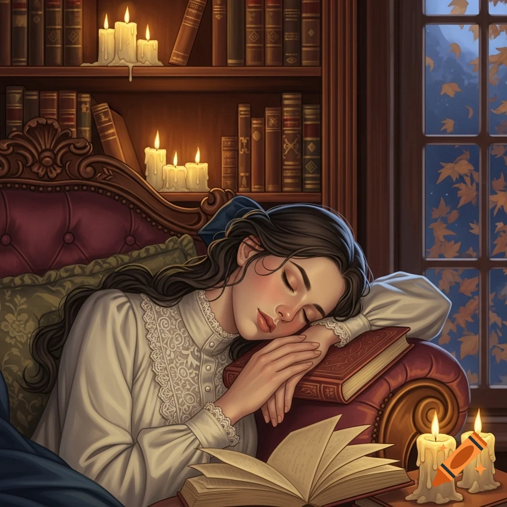 An illustrated woman with dark hair sleeps on books in a cozy room with bookshelves, lit candles, and an autumn view from a window.