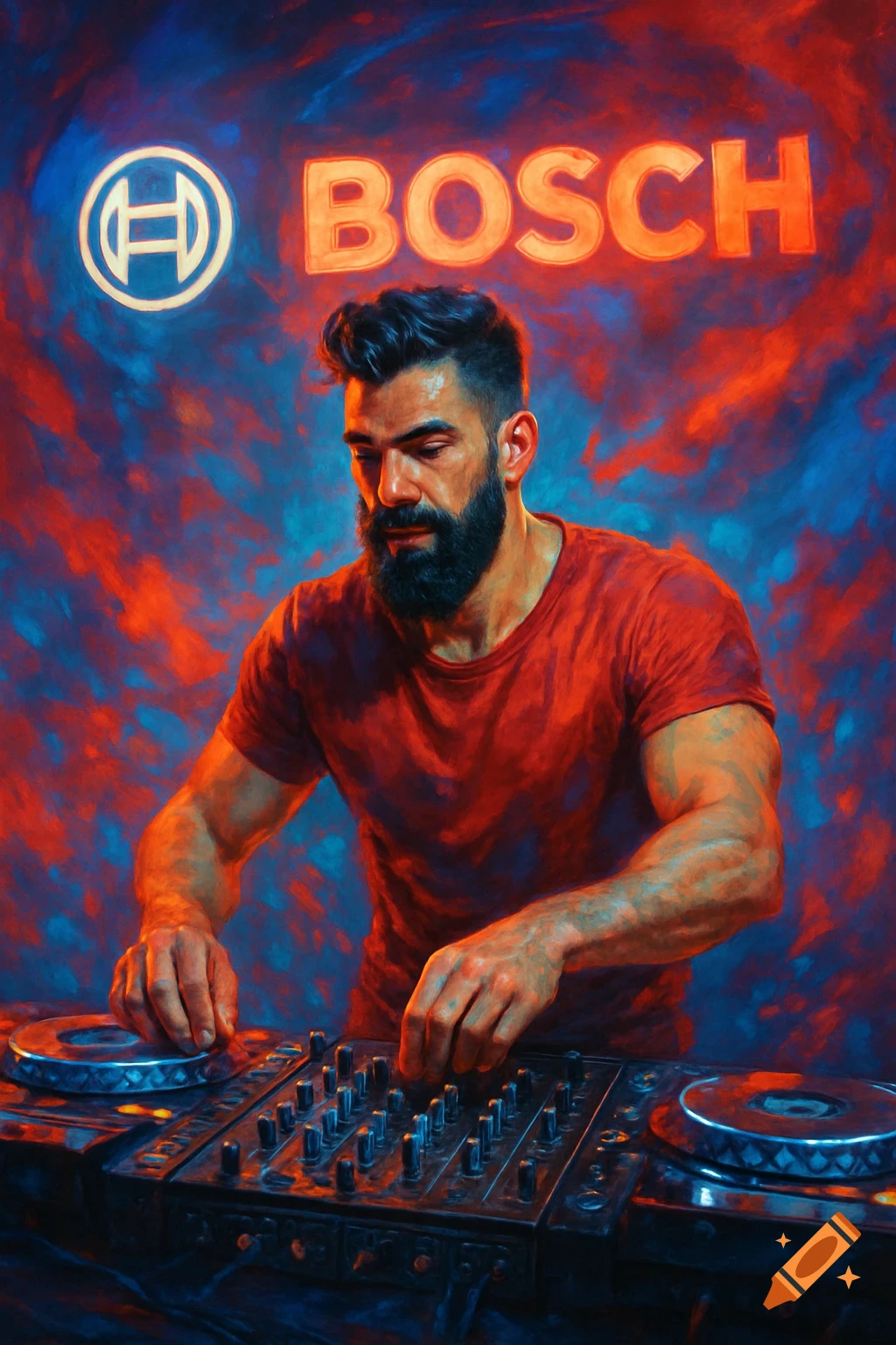 A bearded DJ works a mixing board, illuminated by a neon Bosch logo and stylized red and blue background.