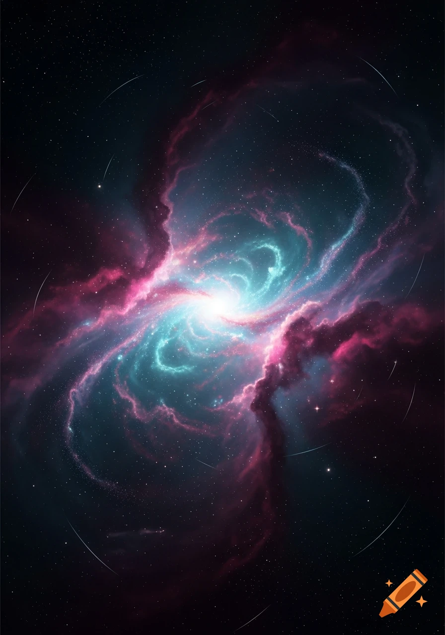 A bright, swirling nebula with vibrant pink and turquoise gas against a dark star-filled sky.