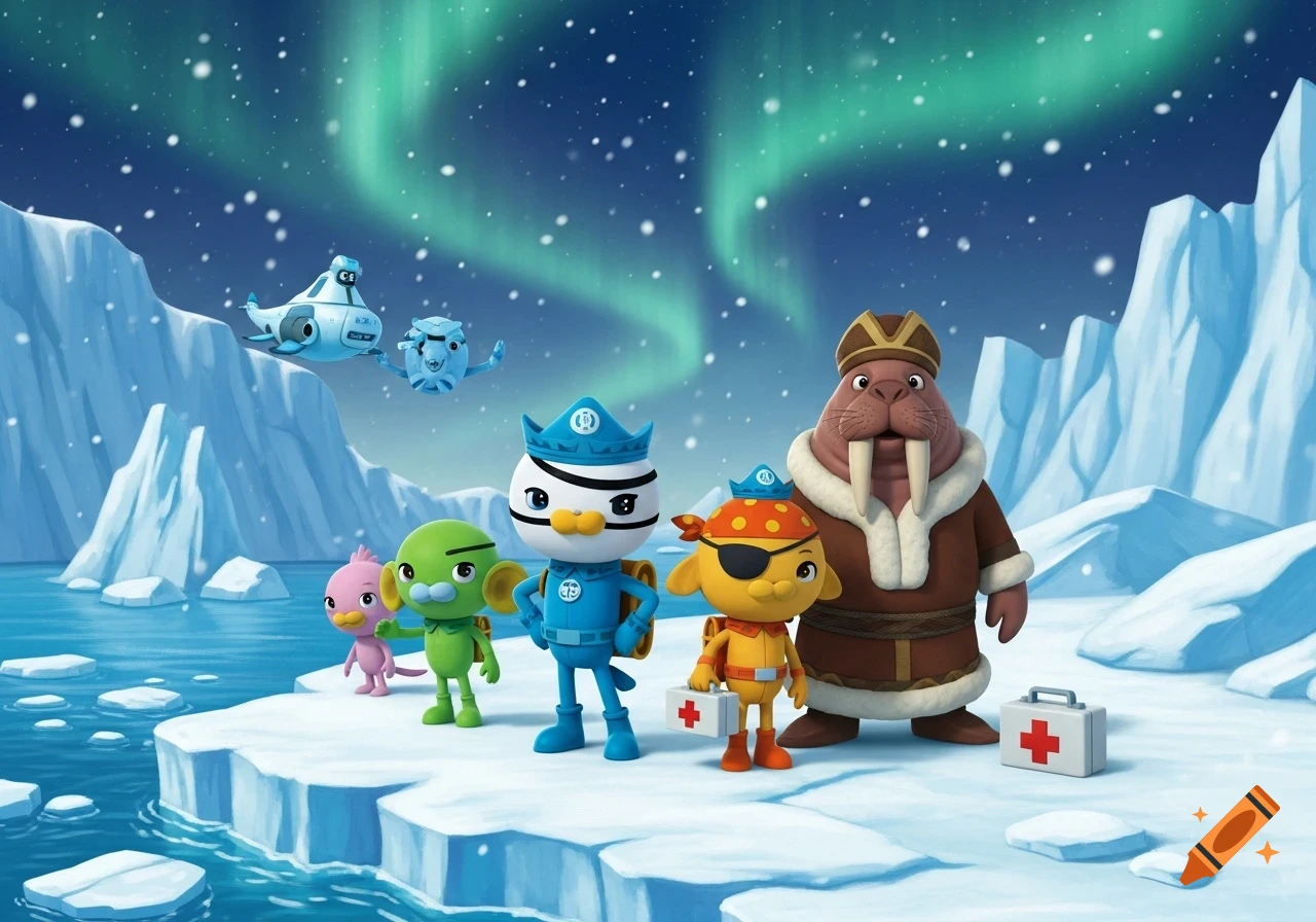 Cartoon Octonauts characters and a walrus chief stand on an arctic ice floe under the aurora borealis.